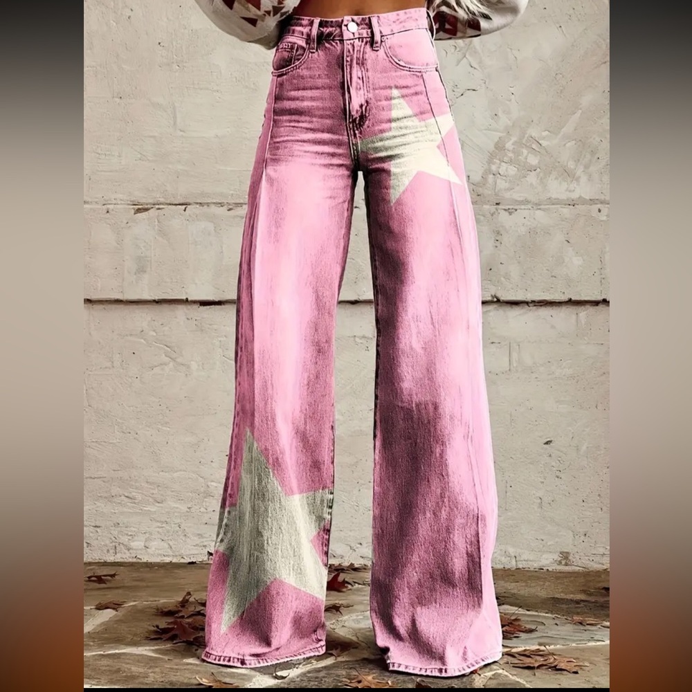Pink Star Wide-Leg Jeans